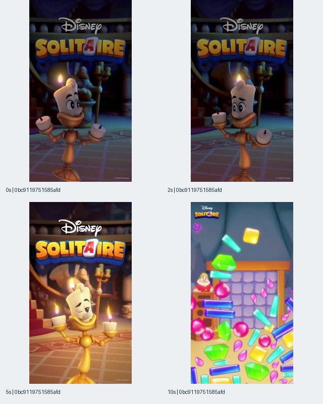 Figure 8. Disney Solitaire contact sheet for record 0bc9119751585afd4e22eea36d8f5709, showing Lumiere beneath the game logo followed by colorful gem-like pieces and bars at 10 seconds.