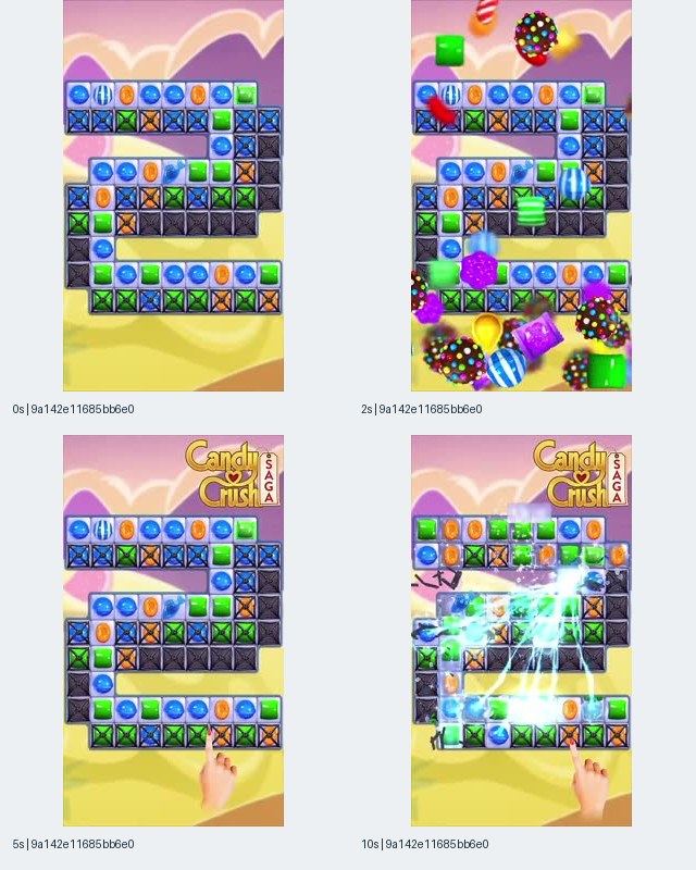 图6:关联 Candy Crush Saga iOS 条目的 9a142e11685b 记录关键帧拼图,曲折障碍棋盘、放大糖果、下方手指及10秒时覆盖多个区域的亮色效果