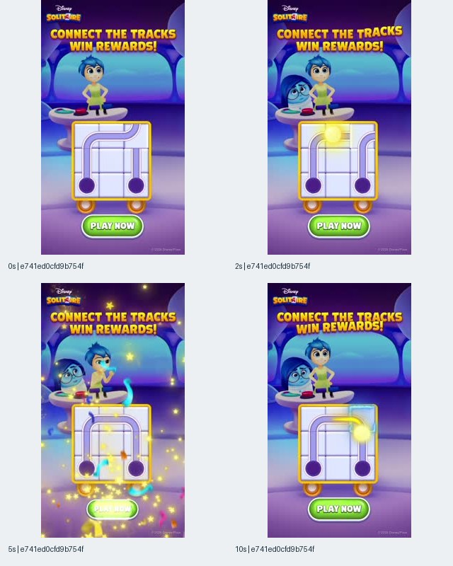 Figure 4. Disney Solitaire contact sheet for record e741ed0cfd9b754f80fc48f66e13d1a9, showing Joy, Sadness, a track-connection board, reward text, and a Play Now button.