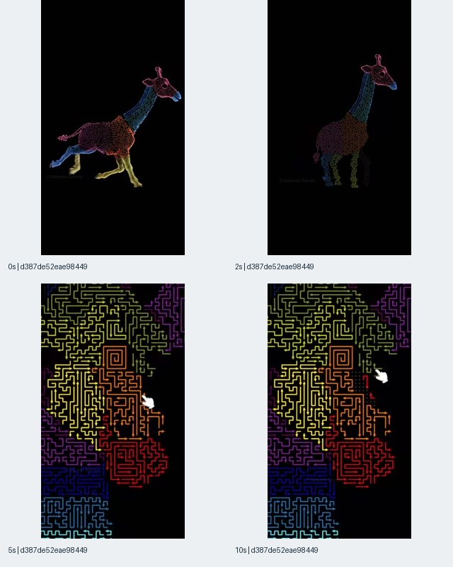 Sample 8: Amaze GO iOS-linked record d387de52 contact sheet showing a multicolored giraffe-like outline on black followed by a close view of dense colored paths and a hand pointer