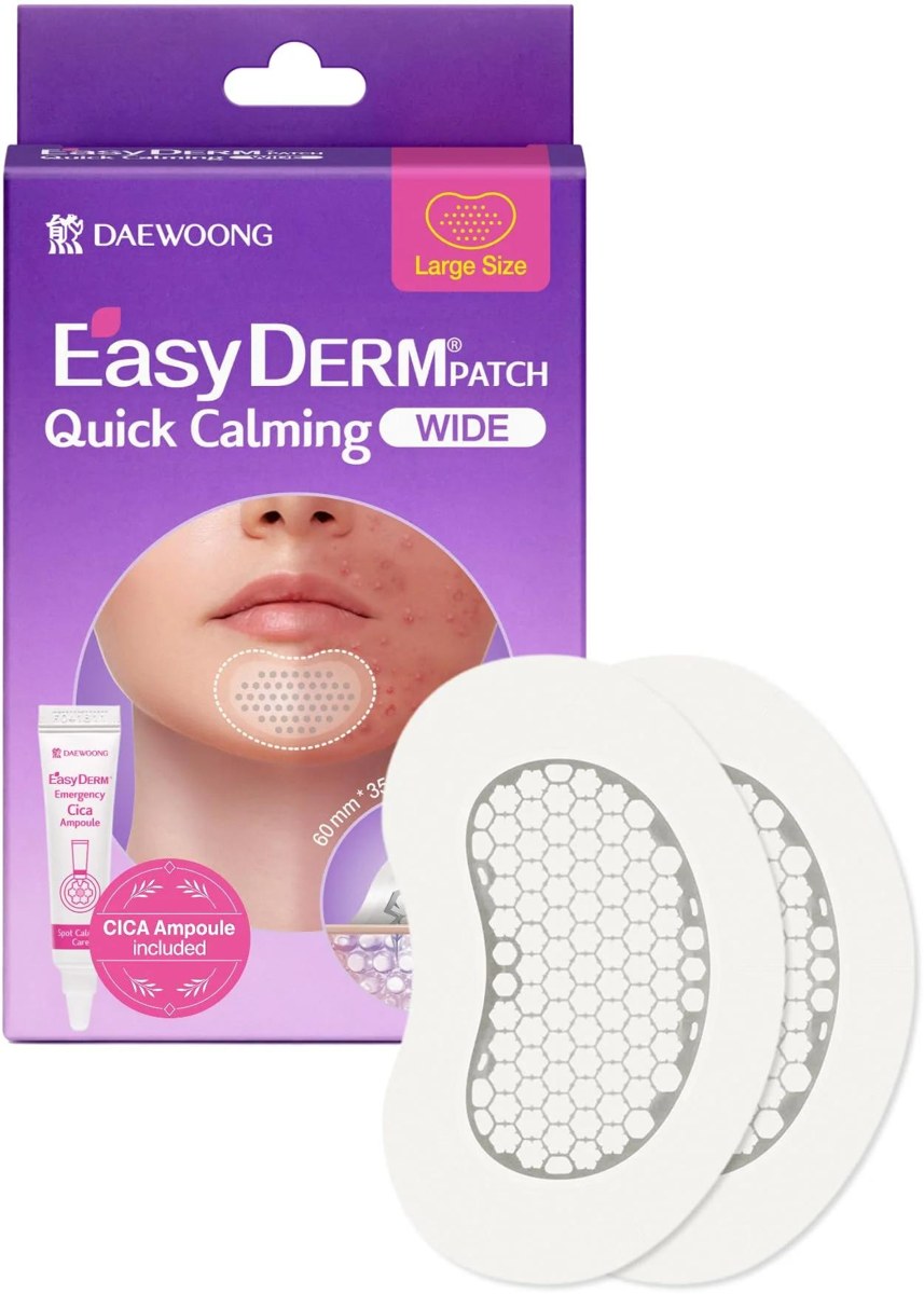 Sample 1: EasyDERM Quick Calming Wide patch packaging and curved patches from an Amazon-shopping skincare search record
