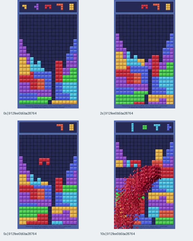 Sample 1, record 912fee0b5ba28764416d77a7536d9304, showing a crowded block board, central gap, and red particle effect at the supplied timestamps