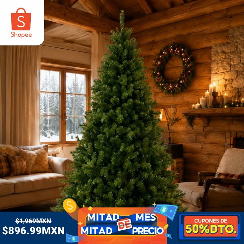 Figure 7. Shopee MX Christmas-tree ad showing an undecorated tree in a wooden living room with crossed-out MXN 1,969, MXN 896.99, and coupon messaging