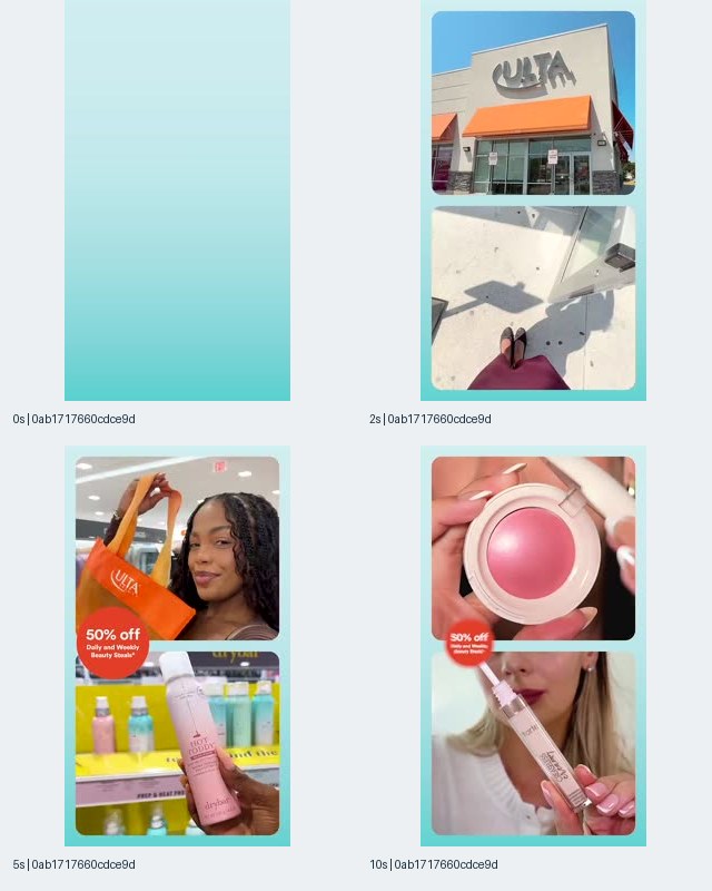 Image 7: Ulta Beauty listing 561930308 contact sheet with storefront footage, a person holding an orange shopping bag, product close-ups, and a historical discount badge