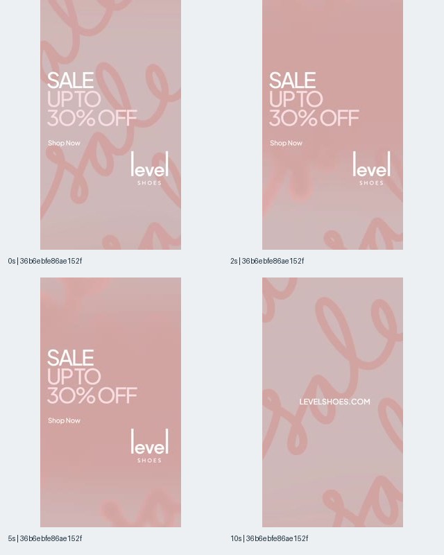 Figure 8. Level Shoes contact sheet with pink sale graphics, up to 30 percent off, Shop Now, the brand logo, and a website address