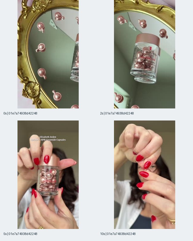 Sample 6: Elizabeth Arden retinol capsule contact sheet showing pink capsules on an ornate mirror, a bottle close-up, and hands handling a capsule at 0, 2, 5, and 10 seconds