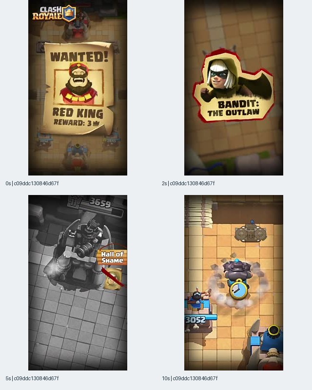 Image 7: Clash Royale iOS-linked record c09ddc130846d67f contact sheet showing a Wanted Red King poster, Bandit The Outlaw introduction, Hall of Shame text, and an arena unit with a clock icon