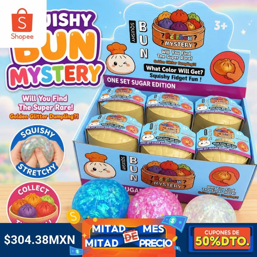 Figure 4. Shopee MX static ad showing a Squishy Bun Mystery toy display, colorful squishy examples, MXN 304.38, and a 50 percent coupon banner