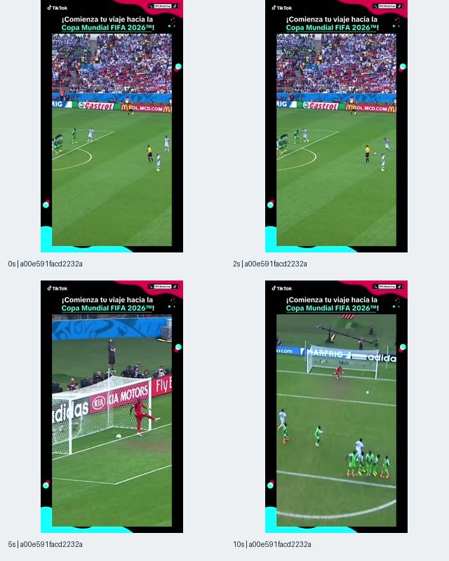 样本3:TikTok 关联关键帧拼图,画面展示足球比赛和西语 FIFA 世界杯 2026 横幅,正文则写黑五 Peak Sale