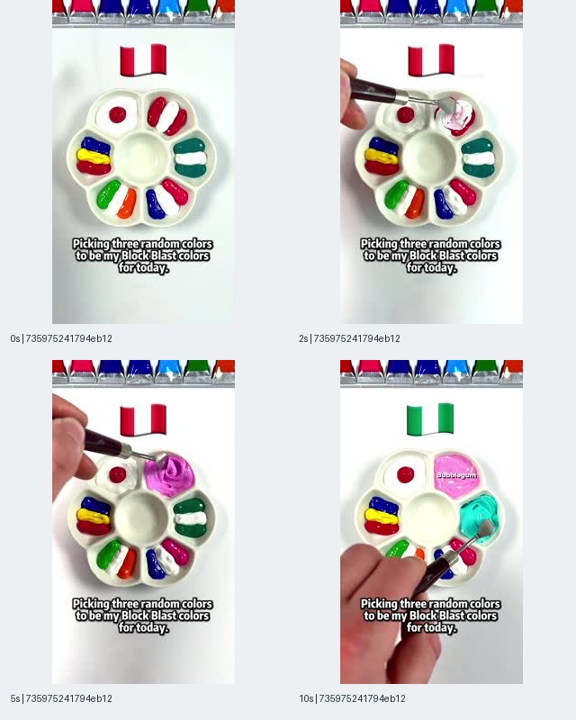 Sample 7, record 735975241794eb125f17fd1e1436772a, showing paint mixing, flag graphics, and a caption about choosing Block Blast colors