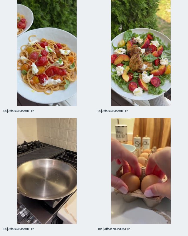 Figure 2: Samsung-associated record 3ffa3a783cd9b112036fc77c9d53c27e showing pasta at 0 seconds, a plated meal at 2 seconds, a pan at 5 seconds, and eggs at 10 seconds
