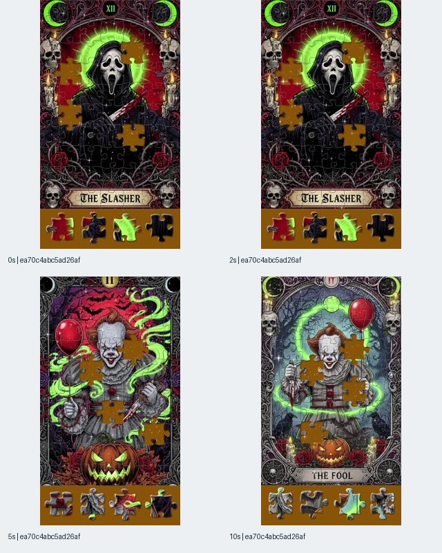 Image 1: Halloween Jigsaw-JigsawPuzzles contact sheet showing a masked figure and clown artwork with missing jigsaw pieces and selection trays at 0, 2, 5, and 10 seconds