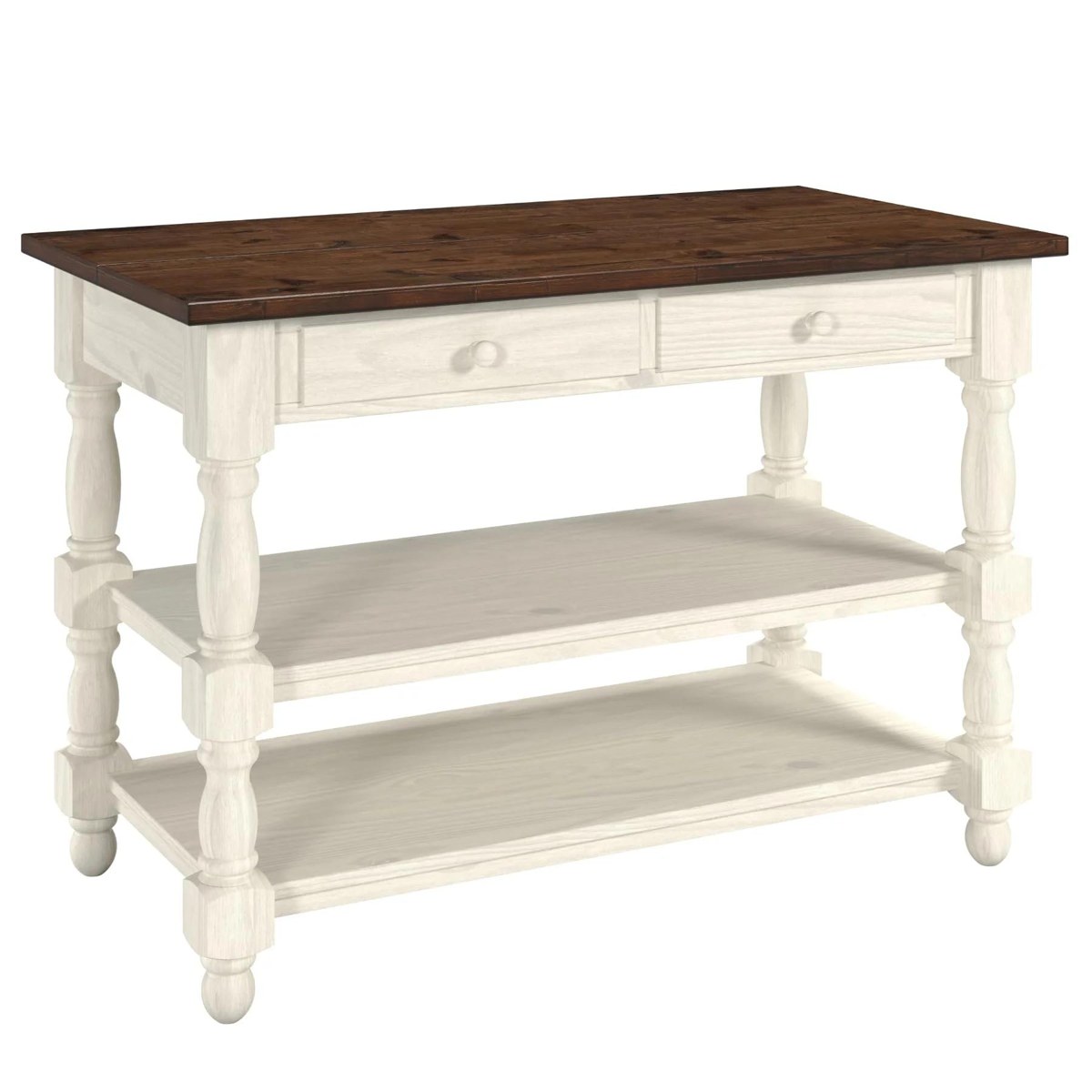 Figure 8: White storage table with a dark wood-tone top, drawers, turned legs, and lower shelves from record 651bae5fb07d84aed7d3225bb3a9b6cf