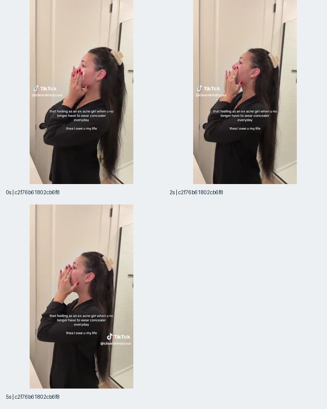 Sample 1: Thea-linked skincare contact sheet showing a person facing a mirror at 0, 2, and 5 seconds with text about no longer wearing concealer