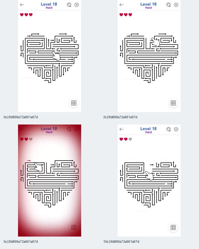 Sample 2: Amaze GO iOS-linked record 8b899a72 contact sheet with a heart-shaped arrow puzzle, Level 18 Hard text, three then two colored hearts, and red feedback