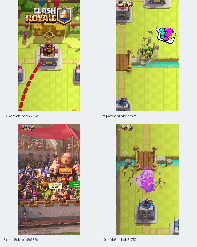 Image 6: Clash Royale iOS-linked record 4de5eb1bde5c752d contact sheet with a dashed route toward a tower, question-mark reaction above units, a character display scene, and arrows around purple arena effects
