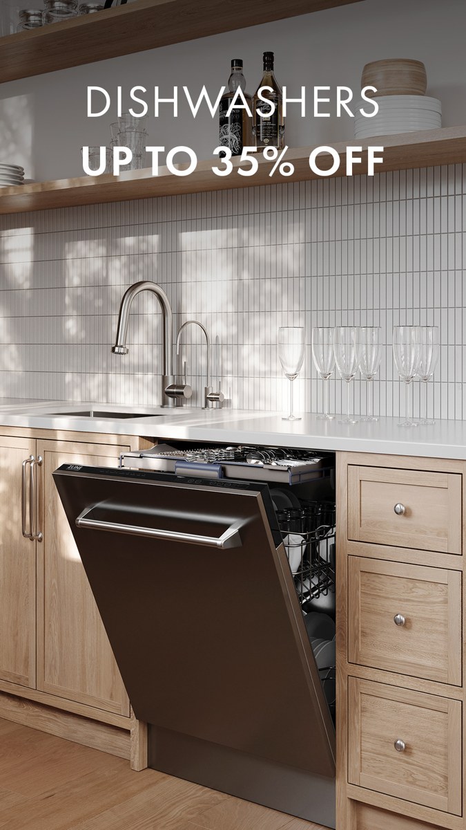 Image 3: ZLINE dishwasher reference showing a dark dishwasher with its door open in a wood kitchen beneath the words Dishwashers and Up to 35% Off