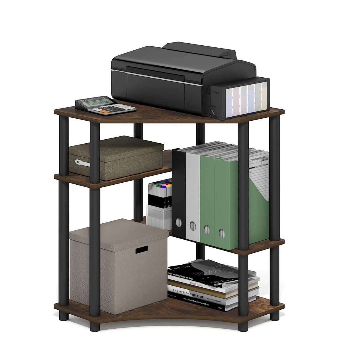 Figure 5: Printer stand with folders, boxes, books, and a printer from record a5595998e3b8be3b5c16e342c7071711, reported under a kitchen-furniture shopping title