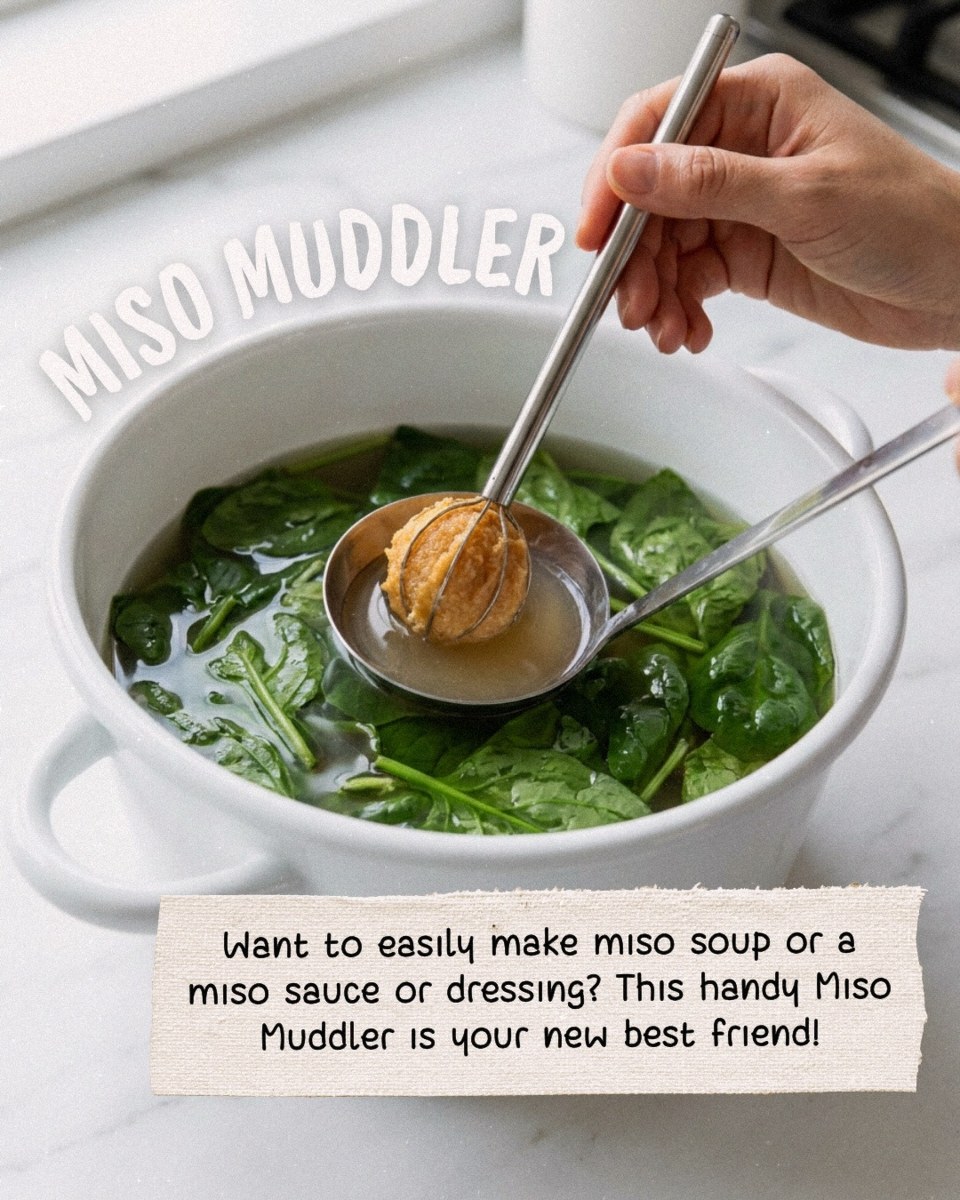 Image 6: Bento&co Kitchen Tools reference showing a hand holding a miso muddler with miso paste over a ladle in a pot of greens, with explanatory product text