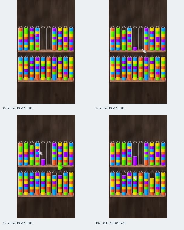 图3:Magic Sort! 记录c0ffec10b02efe38的关键帧拼图,木纹背景上排列两层细长彩色瓶,显示0、2、5、10秒状态