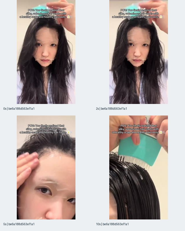 Sample 8: Scalp-care contact sheet showing a person wearing a face mask, a hairline close-up, and a turquoise comb-like applicator at 0, 2, 5, and 10 seconds