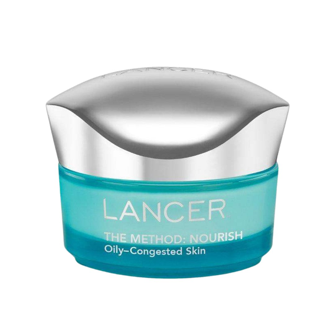 图3:Lancer The Method Nourish 青绿色面霜罐,银色罐盖,包装标有 Oily-Congested Skin