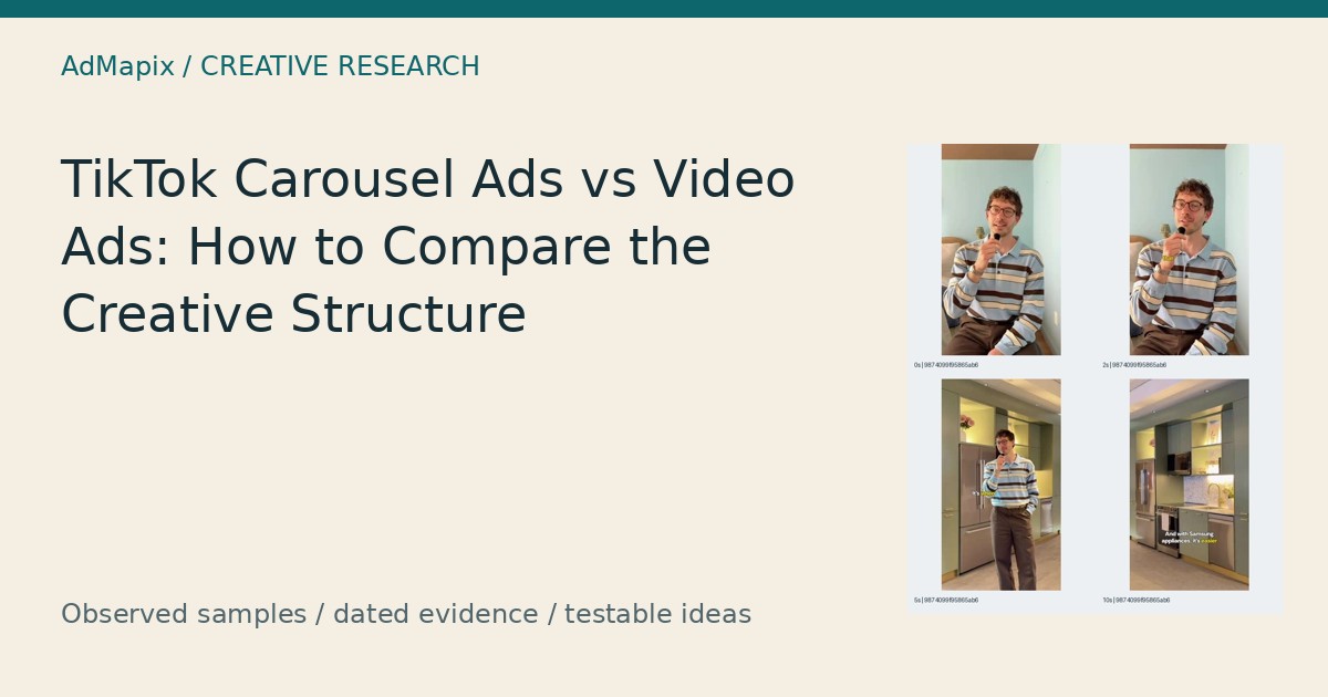 TikTok carousel ads versus video ads editorial cover using a Samsung-associated kitchen video contact sheet