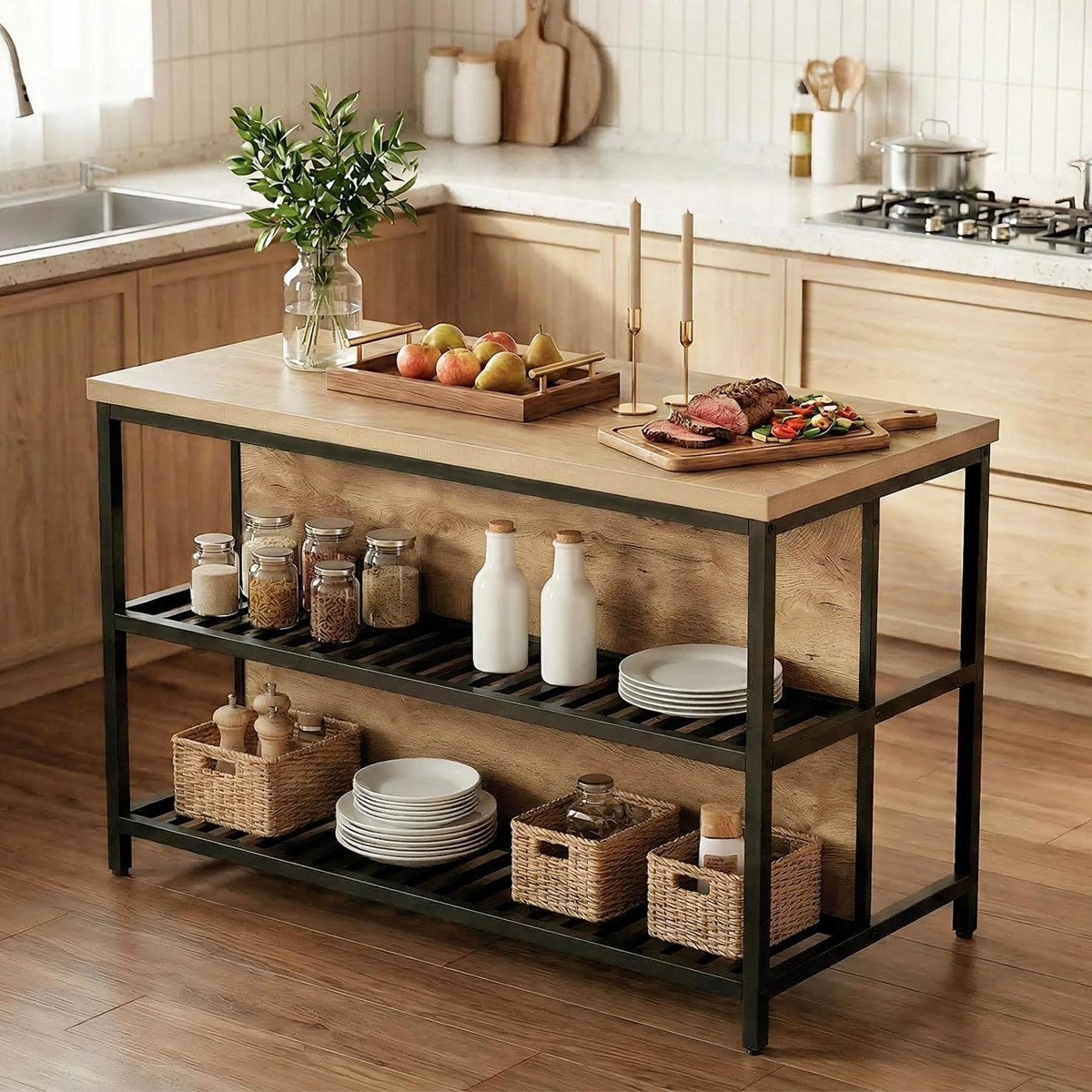 Figure 7: Wood-top kitchen island with a black frame, open shelving, plates, baskets, and a serving arrangement from record d32d7d11fdb1aacafa166e96f475094b