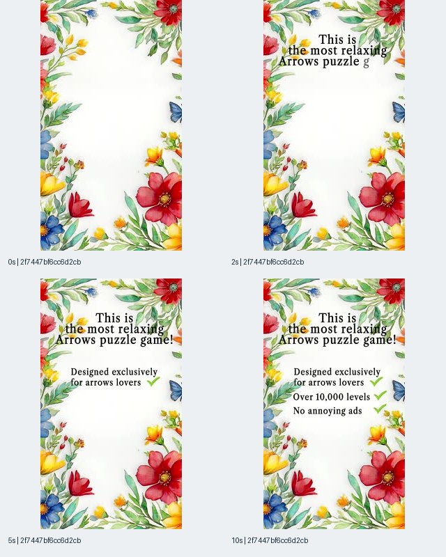 Sample 6: Amaze GO iOS-linked record 2f7447bf contact sheet with a floral border, central relaxation headline, green check marks, and No annoying ads wording