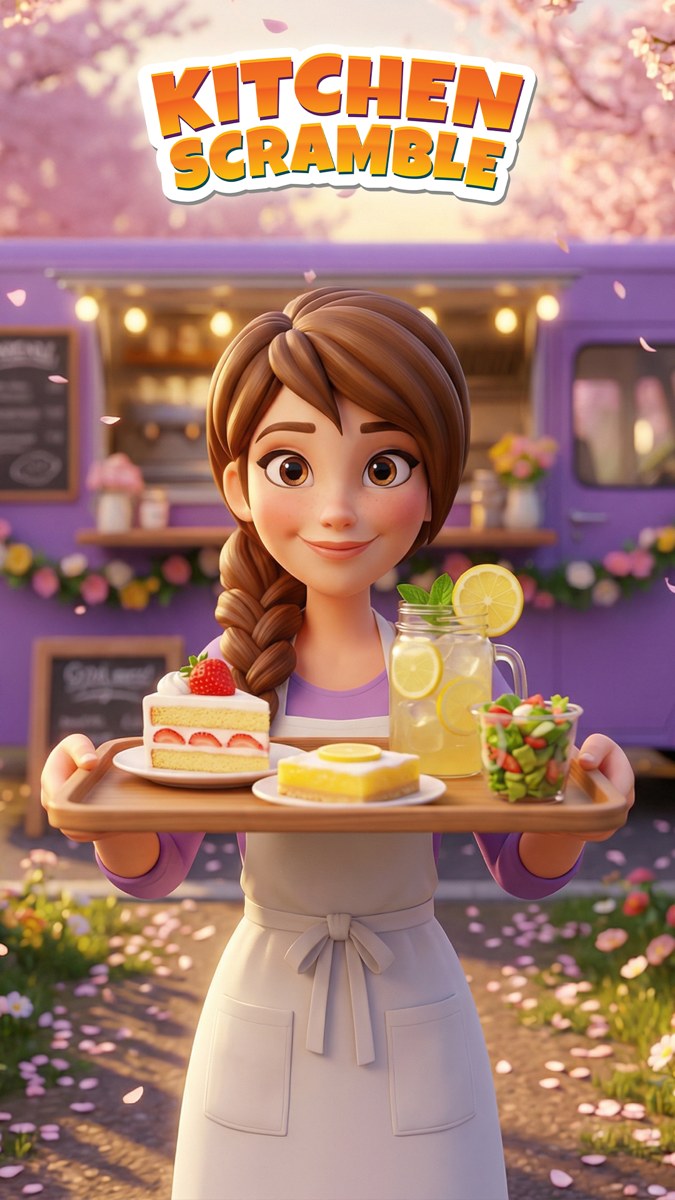 Image 7: Kitchen Scramble listing reference showing a smiling cooking character holding a tray with cake, a lemon dessert, lemonade, and salad in front of a purple food truck