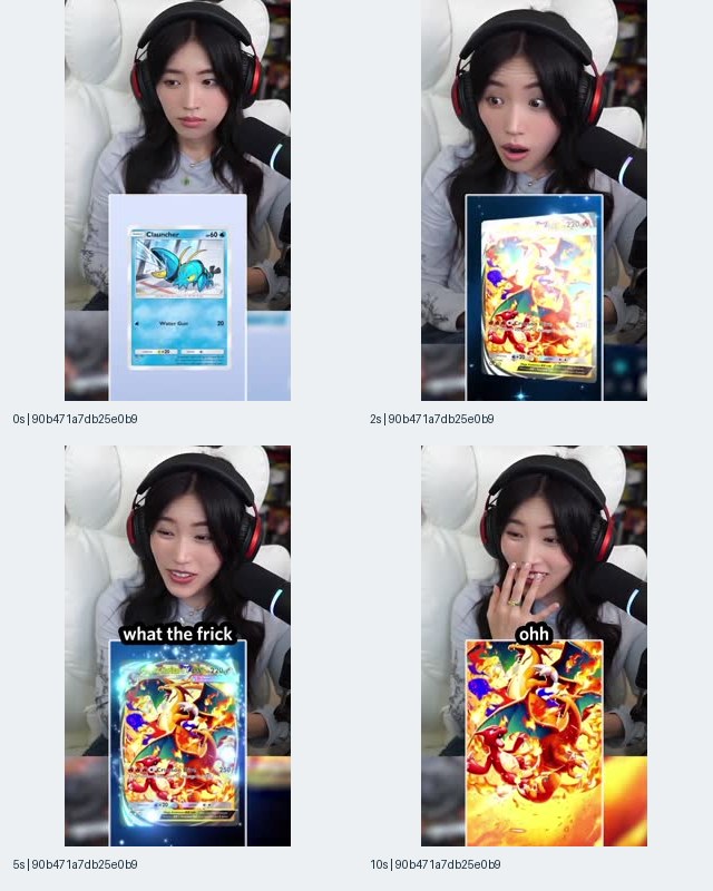 图4:Pokémon TCG Pocket关联广告关键帧拼图,展示0、2、5、10秒的蓝色卡牌、明亮卡面、耳机人物反应和短字幕