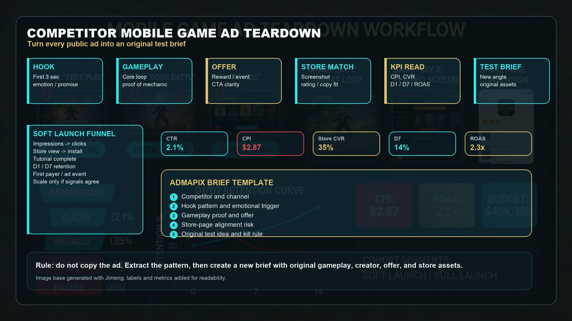 Competitor mobile game ad teardown workflow with hook, gameplay, offer, store match, KPI read, soft launch funnel, and original test brief template