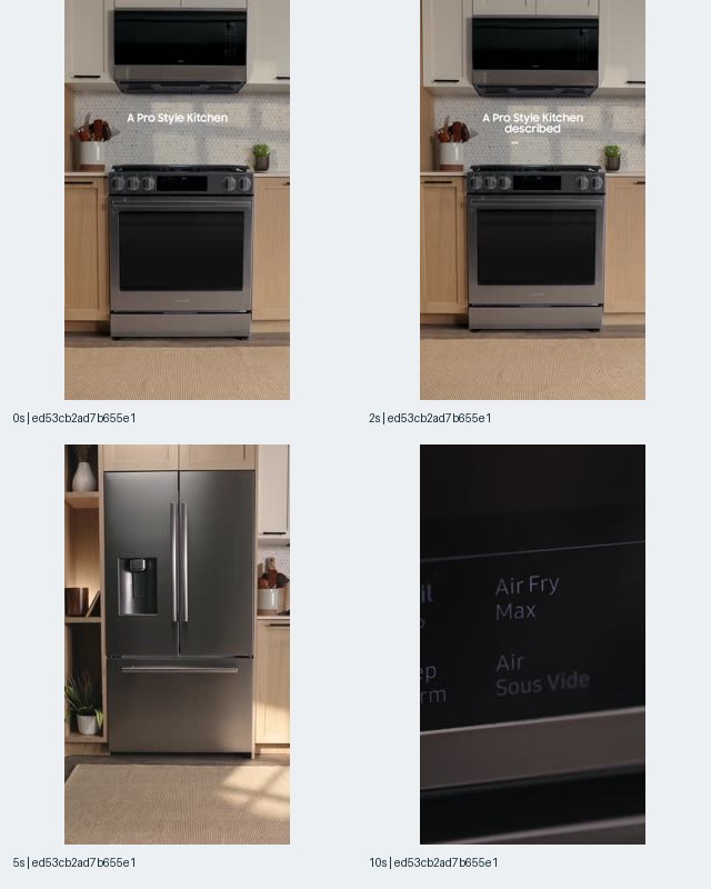 Image 4: Samsung-associated appliance-package contact sheet showing a range and microwave, a refrigerator at 5 seconds, and control-panel labels at 10 seconds