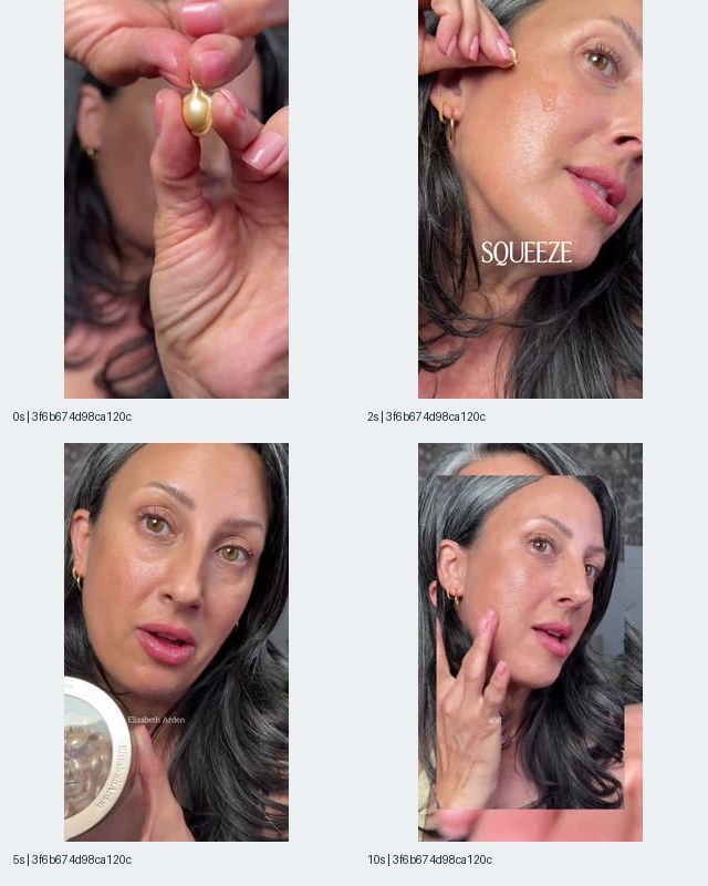 Sample 7: Elizabeth Arden gold ceramide capsule contact sheet showing a capsule close-up, cheek application with SQUEEZE text, and a finger touching the cheek at 0, 2, 5, and 10 seconds