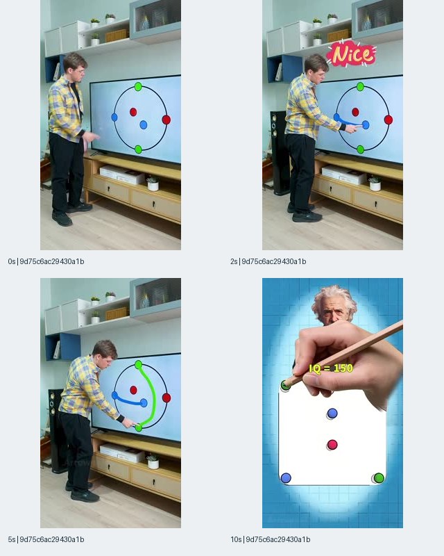 Sample 5: Amaze GO iOS-linked record 9d75c6ac contact sheet showing a man connecting colored dots on a television, a Nice graphic, and a later panel labelled IQ = 150