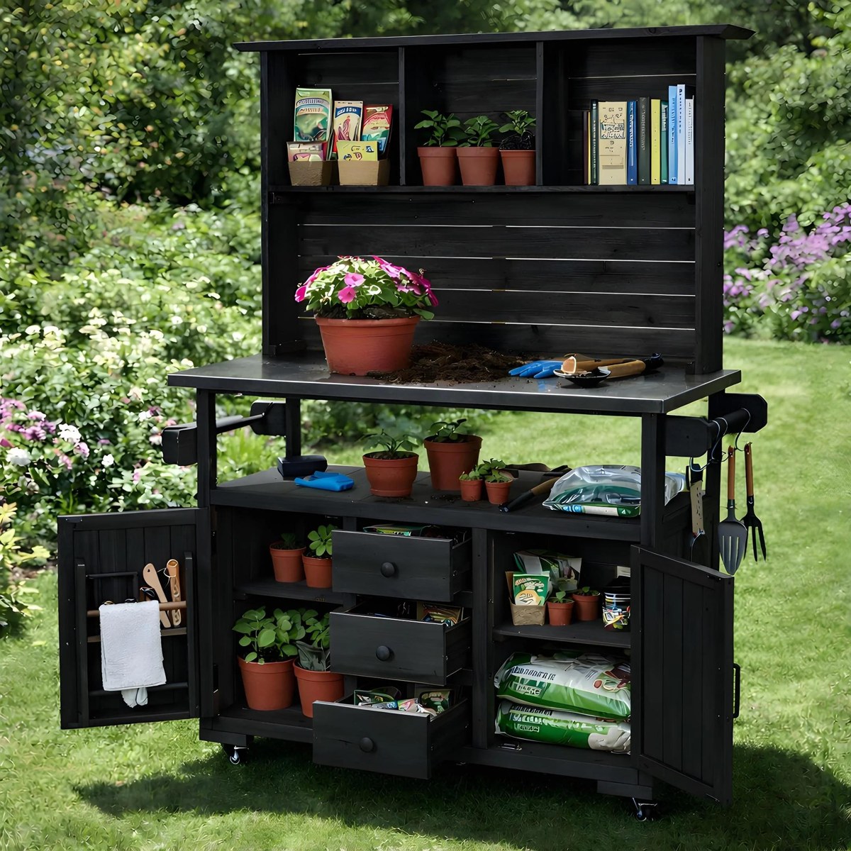 Figure 6: Black garden workbench with upper cubbies, an open work surface, drawers, side tools, and lower storage from record 8ad268d78977c2c048fef261546cd2a8