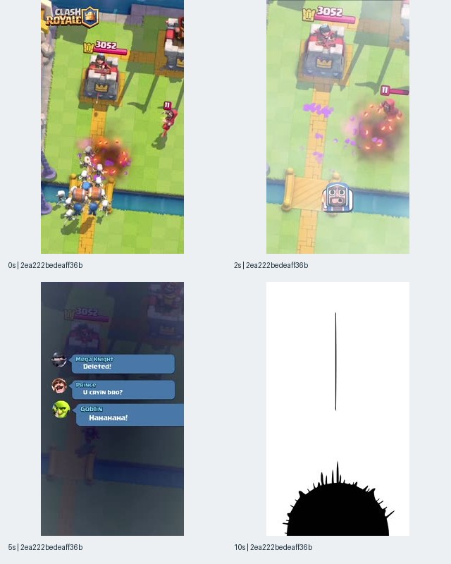 Image 5: Clash Royale iOS-linked record 2ea222bedeaff36b contact sheet showing arena impact effects, a reaction icon, Mega Knight and Prince taunts, and a black-and-white graphic frame