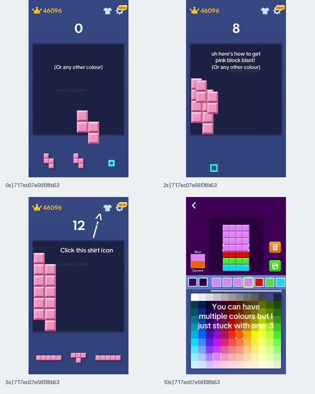 Sample 8, record 717ec07e56f38b53b55f124304591a58, showing pink blocks, an arrow to a shirt icon, and a color-selection screen