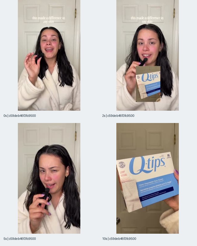 Sample 5: Q-tips disposable face towel contact sheet showing a presenter in a robe, a package overlay, and a close-up of the box at 0, 2, 5, and 10 seconds