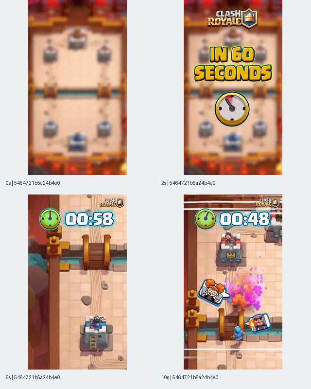 Image 8: Clash Royale iOS-linked record 5464721b5a24b4e0 contact sheet with a blurred arena, In 60 Seconds title, and gameplay countdown overlays reading 00:58 and 00:48