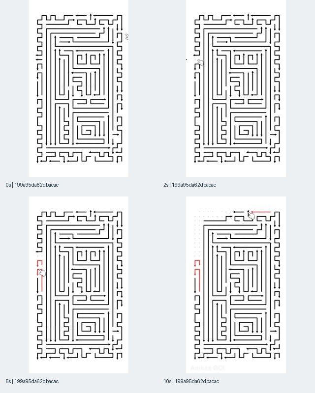 Sample 3: Amaze GO iOS-linked record 199a95da contact sheet showing a tall black-on-white arrow board, red selected paths, and a hand pointer