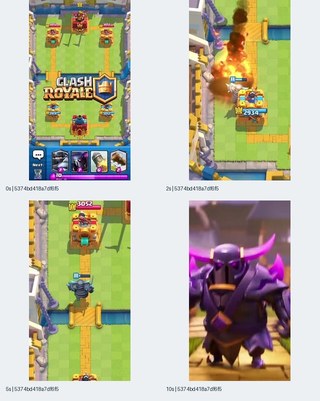 Image 3: Clash Royale iOS-linked record 5374bd418a7df6f5 contact sheet showing an arena overview, fire near a blue tower, an advancing armored unit, and a purple-armored character close-up