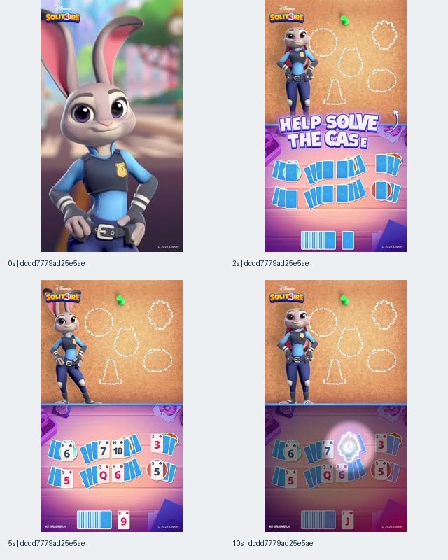 Figure 2. Disney Solitaire contact sheet for record dcdd7779ad25e5ae40036a0b5451adba, showing Judy Hopps, Help Solve the Case text, outlined objects, and solitaire cards.
