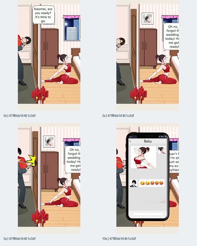 图7:TikTok关联动画广告关键帧拼图,展示0、2、5、10秒的门口对话、婚礼相关气泡文字和手机消息覆盖层