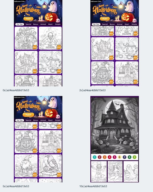 Image 2: Spooky Halloween Color contact sheet showing a Happy Halloween banner, a gallery of line-art pictures, and a haunted-house coloring screen with numbered colors