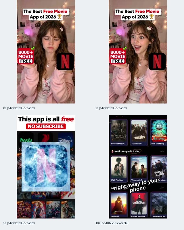 图8:CineVibe 关键帧拼图,女子以对比手势展示电影应用图形,画面包含免费电影、NO SUBSCRIBE、Netflix 风格字母图形及影视标题网格。